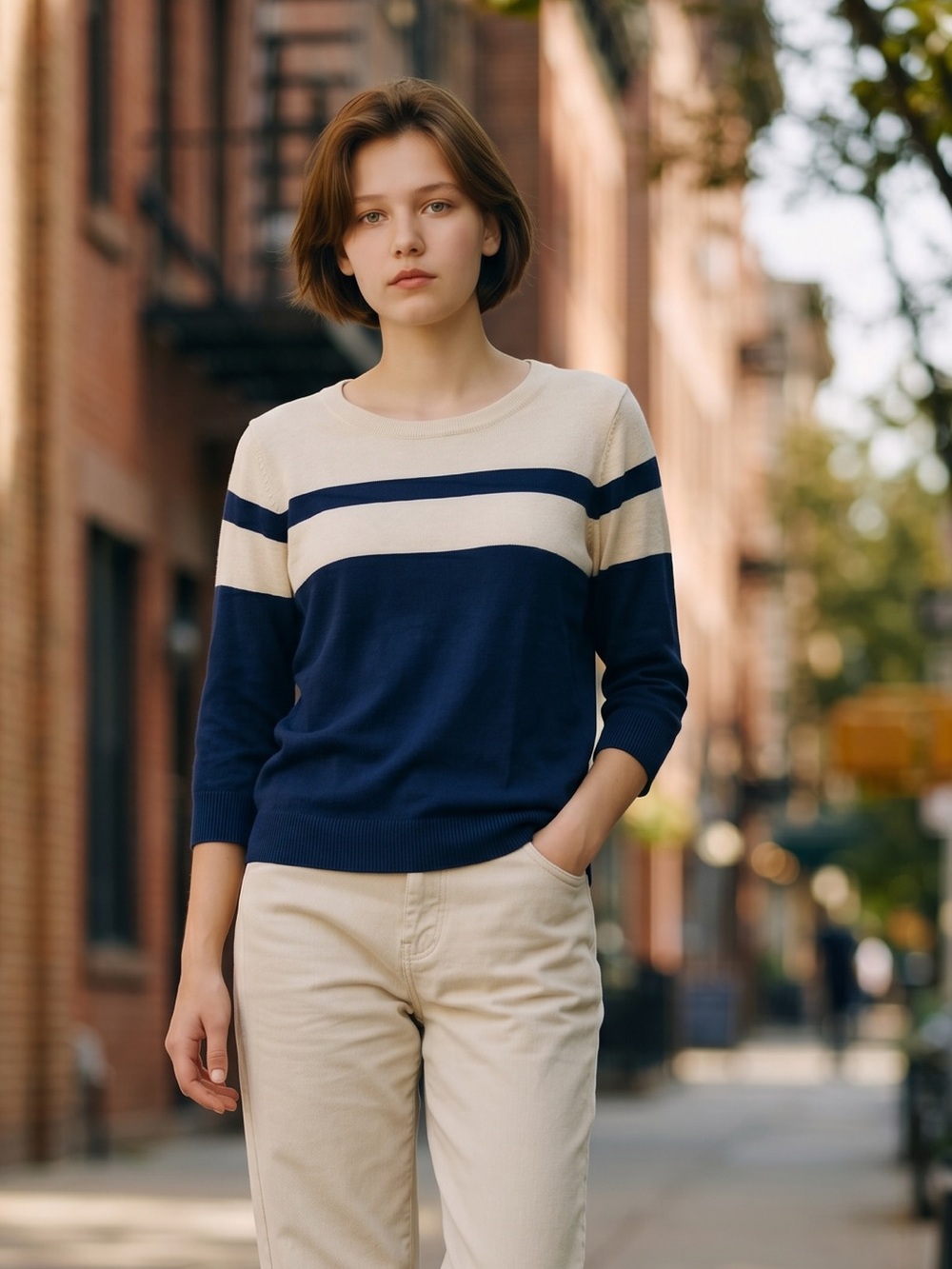Joseph A Blue and Cream Crew Neck Sweater